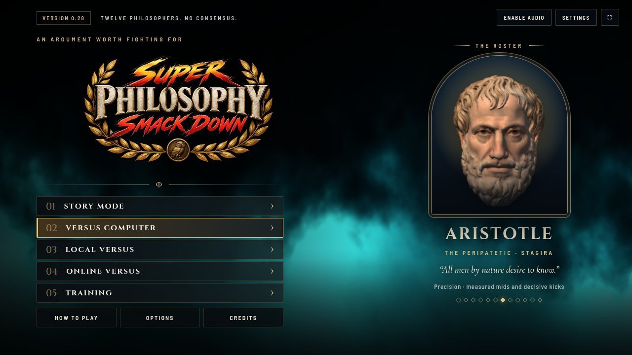 The title screen: menu and the roster